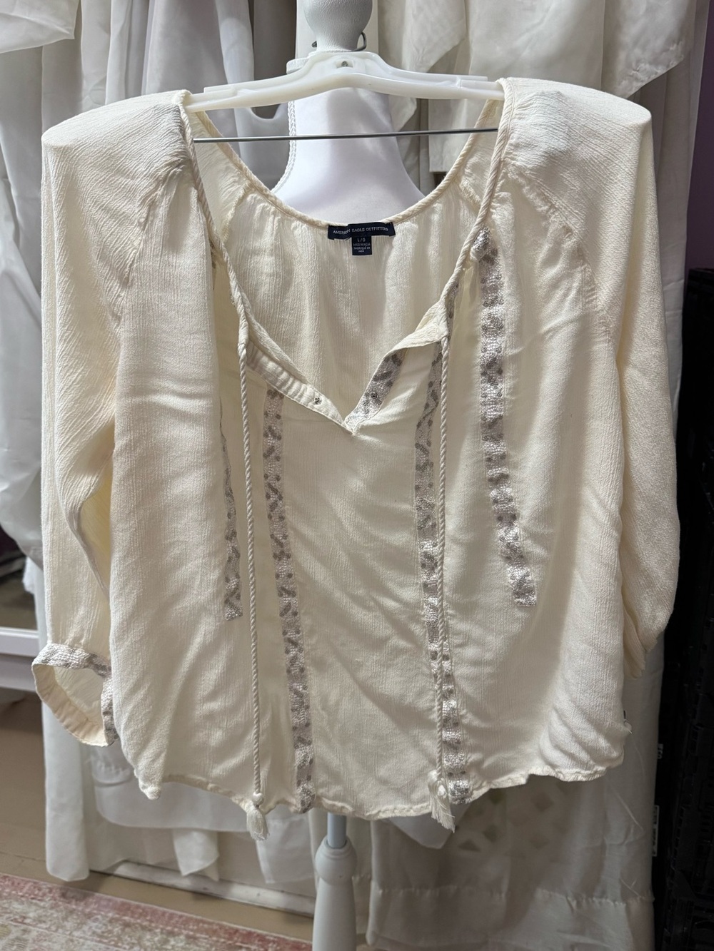 American Eagle Outfitters Cream Peasant Tie-Front Blouse